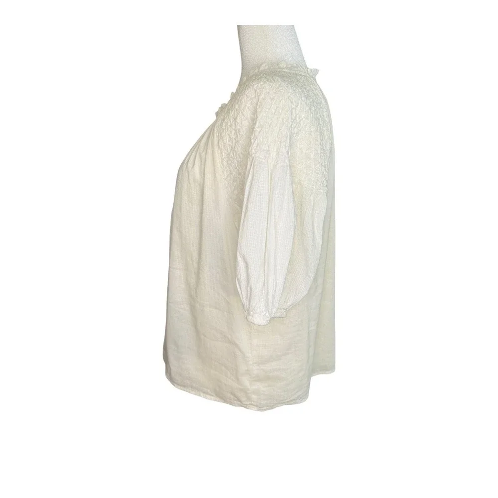 J Crew Ivory Smocked Puff-sleeve Split-neck Top Women's Size‎ Small NWT